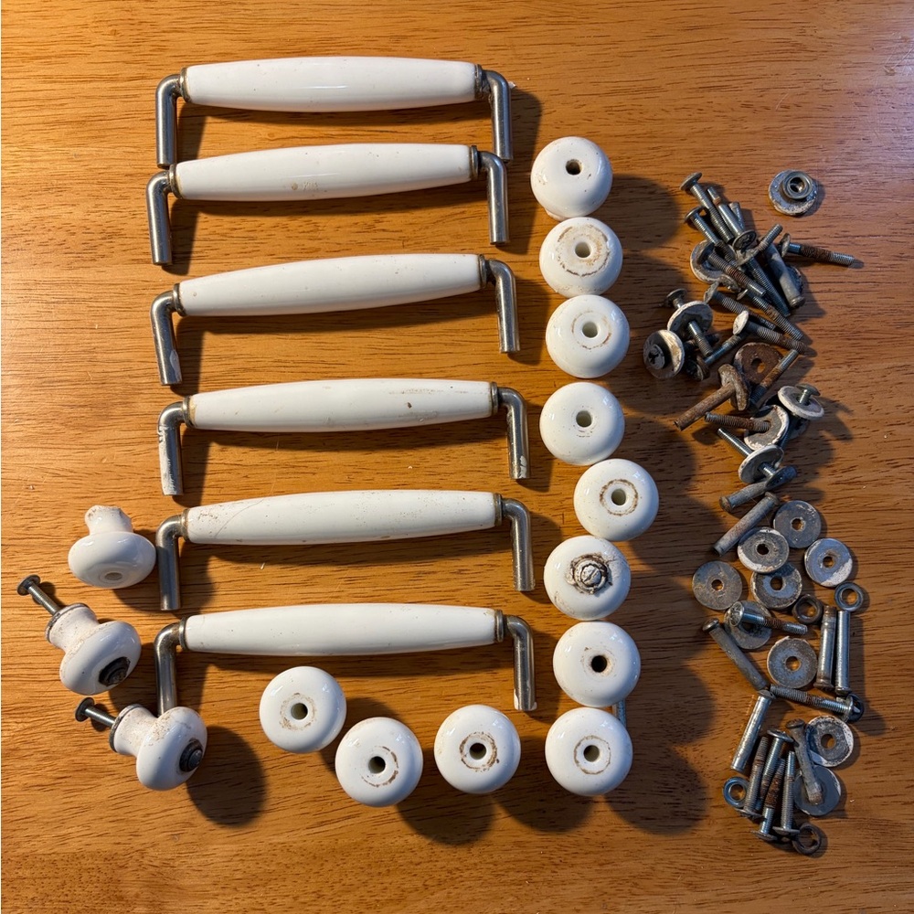 6 Vintage White Drawer Cabinet Handles/Porcelain Nickel/14 Knobs